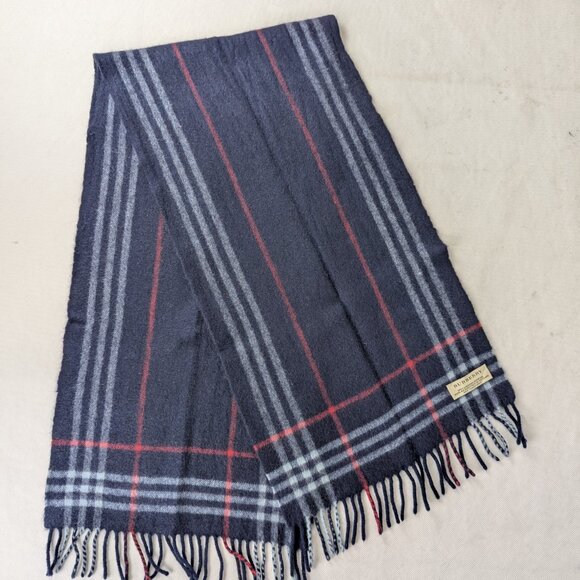Burberry Accessories - Burberry Navy Blue Check Unisex Scarf | 50% Cashmere 50% Wool | Made in Scotland